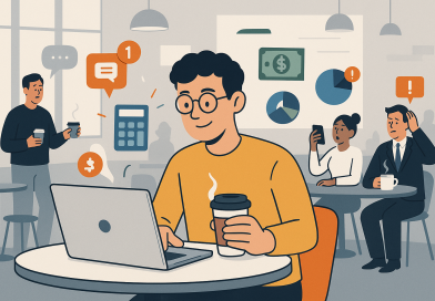 Illustration of digital nomad with coffee in a busy coffee shop setting setting, with a relaxed mood.