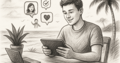 Illustration of young entrepreneur on tablet in a beachside workspace setting, with a happy mood.