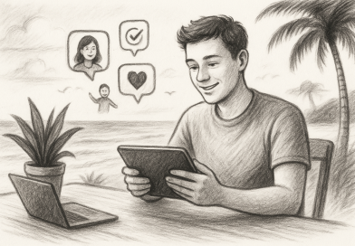 Illustration of young entrepreneur on tablet in a beachside workspace setting, with a happy mood.
