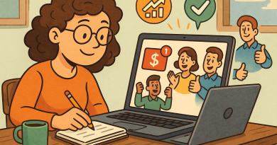 Illustration of freelance writer with notebook in a laptop on rustic table setting, with a inspired mood.