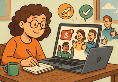 Illustration of freelance writer with notebook in a laptop on rustic table setting, with a inspired mood.