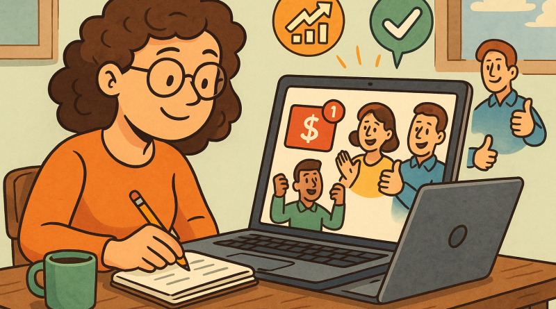 Illustration of freelance writer with notebook in a laptop on rustic table setting, with a inspired mood.