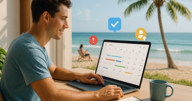 Illustration of person scheduling tasks in a beachside workspace setting, with a relaxed mood.