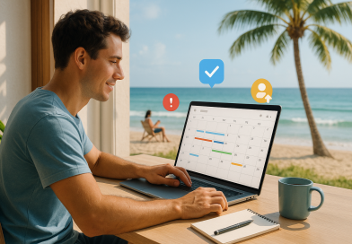 Illustration of person scheduling tasks in a beachside workspace setting, with a relaxed mood.