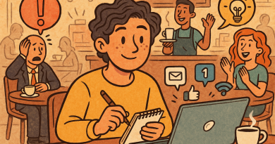 Illustration of freelance writer with notebook in a busy coffee shop setting setting, with a creative mood.