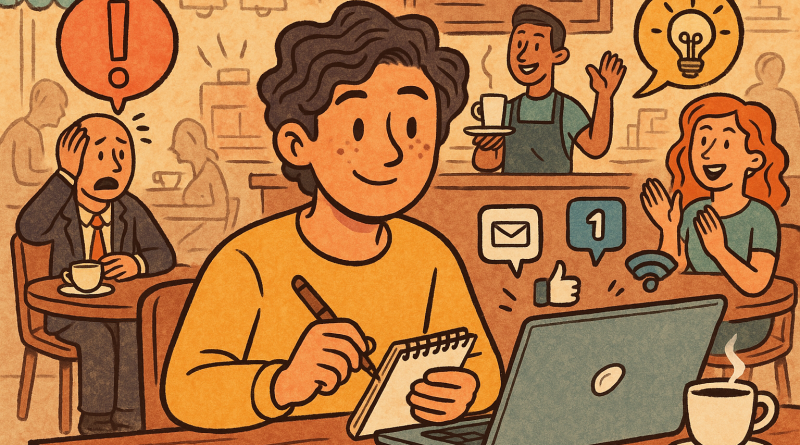 Illustration of freelance writer with notebook in a busy coffee shop setting setting, with a creative mood.