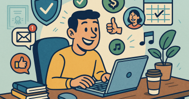 Illustration of freelancer using productivity tools in a home office setup setting, with a happy mood.