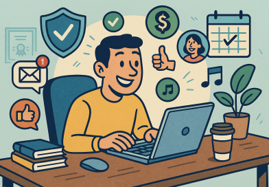 Illustration of freelancer using productivity tools in a home office setup setting, with a happy mood.
