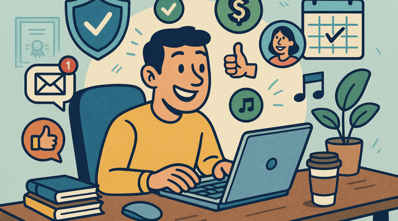 Illustration of freelancer using productivity tools in a home office setup setting, with a happy mood.