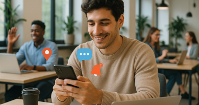 Illustration of gig worker checking phone in a modern coworking space setting, with a relaxed mood.