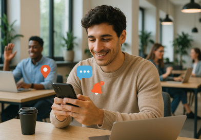 Illustration of gig worker checking phone in a modern coworking space setting, with a relaxed mood.