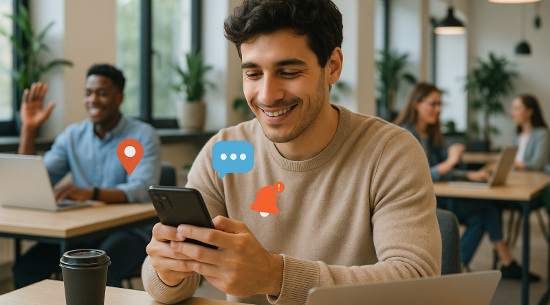 Illustration of gig worker checking phone in a modern coworking space setting, with a relaxed mood.