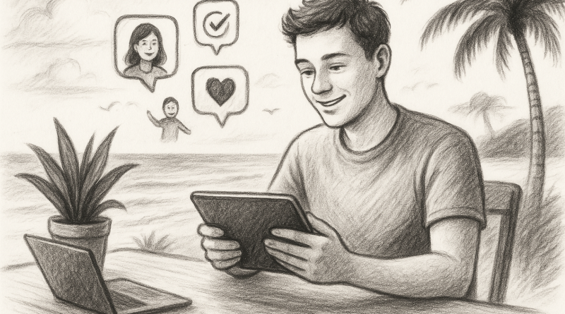 Illustration of young entrepreneur on tablet in a beachside workspace setting, with a happy mood.