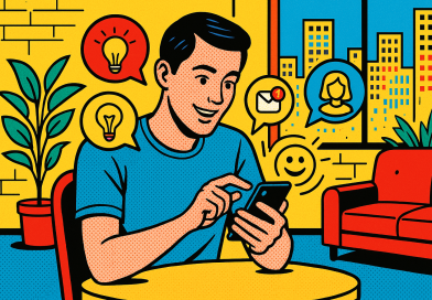 Illustration of gig worker checking phone in a urban apartment interior setting, with a inspired mood.