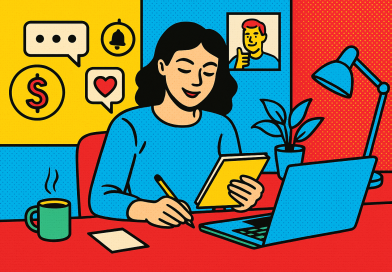 Illustration of freelance writer with notebook in a creative studio environment setting, with a relaxed mood.