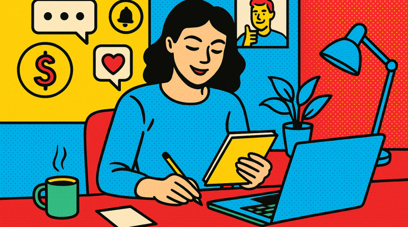 Illustration of freelance writer with notebook in a creative studio environment setting, with a relaxed mood.