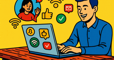 Illustration of freelancer using productivity tools in a laptop on rustic table setting, with a happy mood.