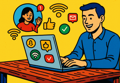 Illustration of freelancer using productivity tools in a laptop on rustic table setting, with a happy mood.