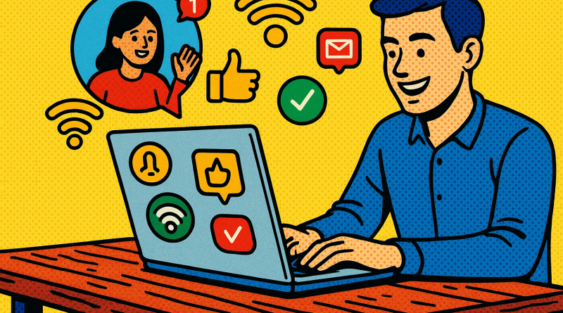 Illustration of freelancer using productivity tools in a laptop on rustic table setting, with a happy mood.