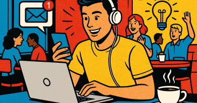 Illustration of freelancer using productivity tools in a busy coffee shop setting setting, with a inspired mood.