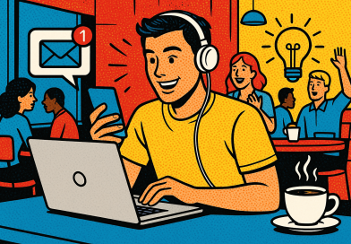 Illustration of freelancer using productivity tools in a busy coffee shop setting setting, with a inspired mood.