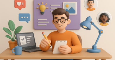 Illustration of freelance writer with notebook in a creative studio environment setting, with a creative mood.