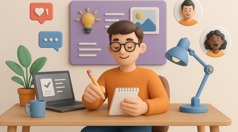 Illustration of freelance writer with notebook in a creative studio environment setting, with a creative mood.