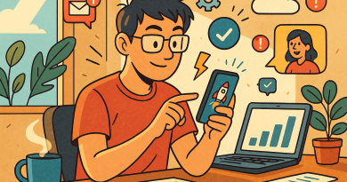 Illustration of gig worker checking phone in a sunlit digital nomad workspace setting, with a focused mood.