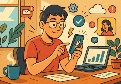 Illustration of gig worker checking phone in a sunlit digital nomad workspace setting, with a focused mood.