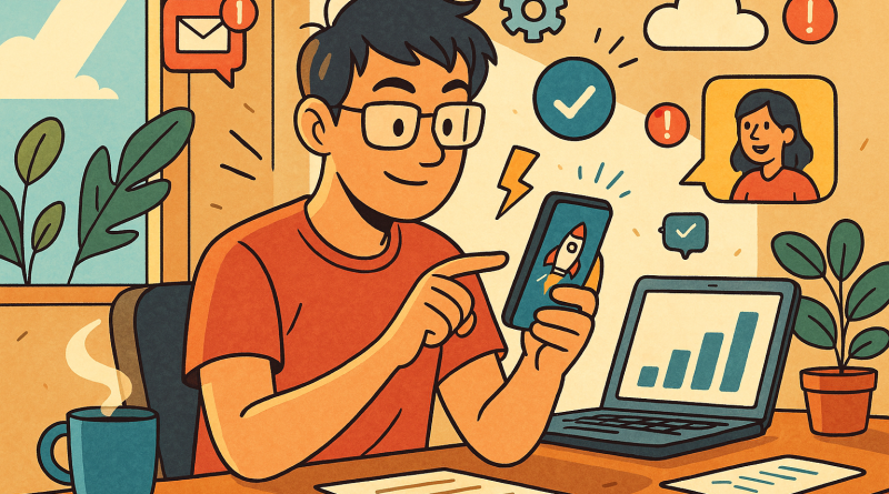 Illustration of gig worker checking phone in a sunlit digital nomad workspace setting, with a focused mood.