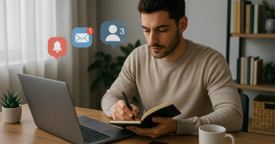 Illustration of freelance writer with notebook in a home office setup setting, with a focused mood.