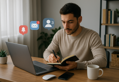 Illustration of freelance writer with notebook in a home office setup setting, with a focused mood.