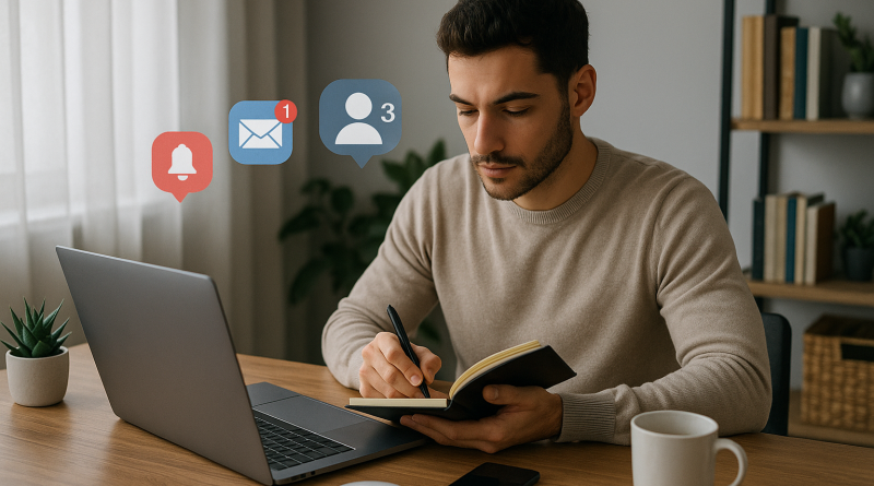 Illustration of freelance writer with notebook in a home office setup setting, with a focused mood.