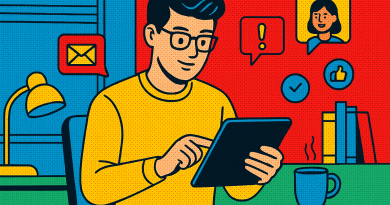 Illustration of young entrepreneur on tablet in a home office setup setting, with a relaxed mood.