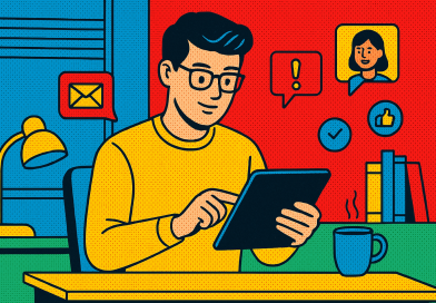 Illustration of young entrepreneur on tablet in a home office setup setting, with a relaxed mood.