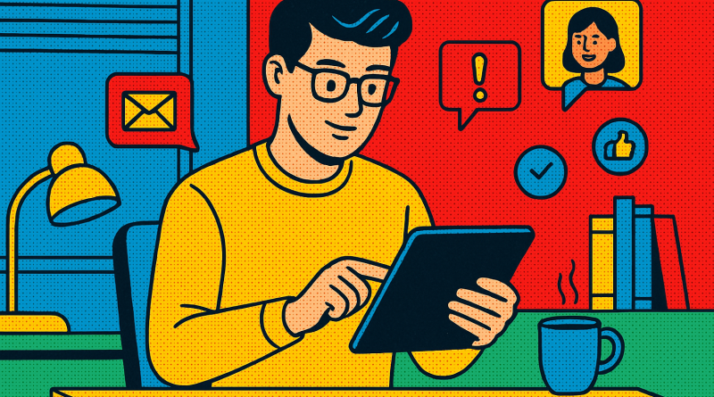 Illustration of young entrepreneur on tablet in a home office setup setting, with a relaxed mood.