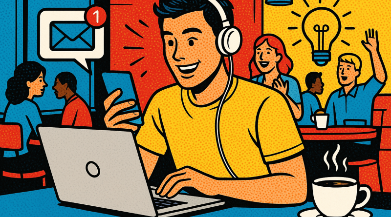 Illustration of freelancer using productivity tools in a busy coffee shop setting setting, with a inspired mood.