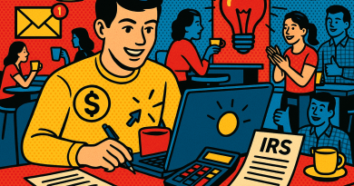 Illustration of freelancer using productivity tools in a busy coffee shop setting setting, with a inspired mood.