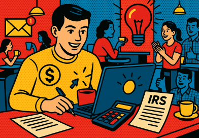 Illustration of freelancer using productivity tools in a busy coffee shop setting setting, with a inspired mood.