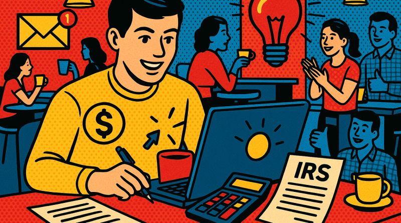 Illustration of freelancer using productivity tools in a busy coffee shop setting setting, with a inspired mood.