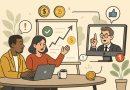 Illustration of team collaborating remotely in a shared creative hub setting, with a determined mood.