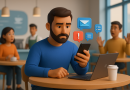 Illustration of gig worker checking phone in a busy coffee shop setting setting, with a focused mood.