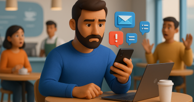 Illustration of gig worker checking phone in a busy coffee shop setting setting, with a focused mood.