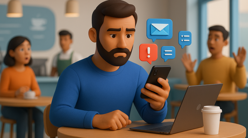 Illustration of gig worker checking phone in a busy coffee shop setting setting, with a focused mood.