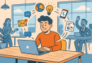 Illustration of freelancer working on laptop in a modern coworking space setting, with a creative mood.