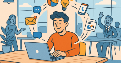 Illustration of freelancer working on laptop in a modern coworking space setting, with a creative mood.