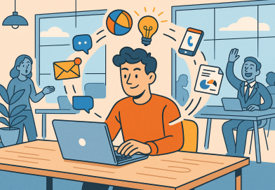 Illustration of freelancer working on laptop in a modern coworking space setting, with a creative mood.