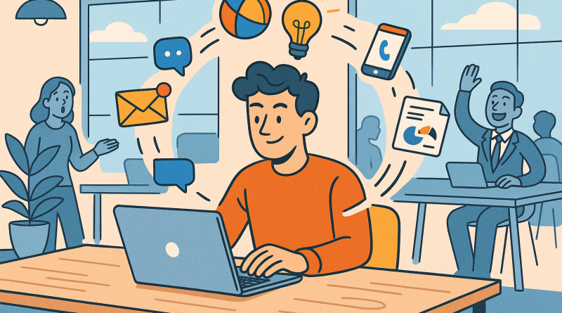 Illustration of freelancer working on laptop in a modern coworking space setting, with a creative mood.