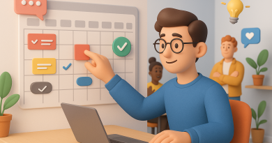 Illustration of person scheduling tasks in a shared creative hub setting, with a creative mood.