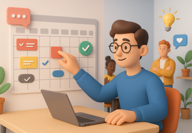 Illustration of person scheduling tasks in a shared creative hub setting, with a creative mood.